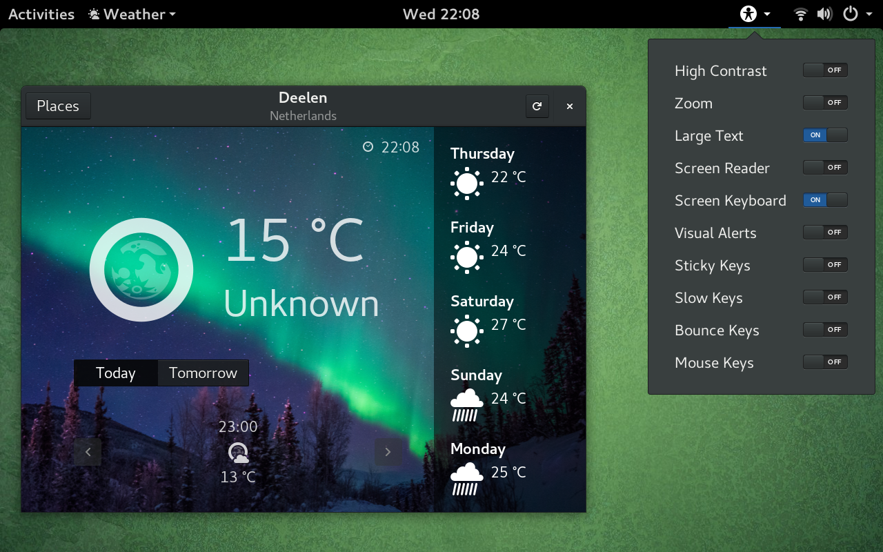 GNOME Weather and universal access menu