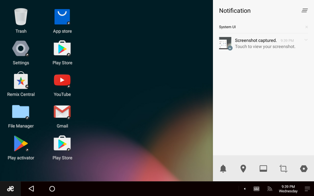 Remix OS notification tray, accessed through the three-lines tray icon