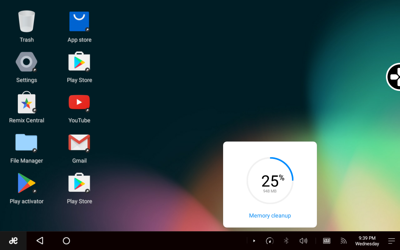 Remix OS system tray, showing the memory applet